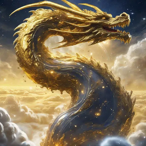 Prompt: A dripping liquid dragon made of pools of gold, flying over the Milky way, masterpiece, best quality, 64k, uhd, hand-drawn, concept art