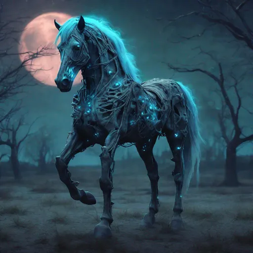 Prompt: A bioluminescent undead horse made of human faces, twilight graveyard background, masterpiece, digital art, concept art