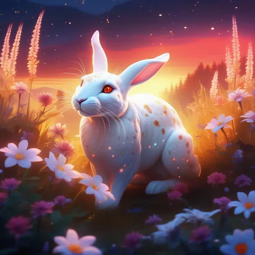 Prompt: A fantasy translucent albino hybrid rabbit-leopard with sharp fangs that is glowing, blood dripping from its mouth, in a meadow clearing surrounded by flowers, sunrise, beneath the stars, bioluminescent, highres, best quality, concept art