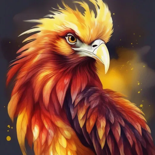 Prompt: fluffy phoenix, dark red and light yellow molted fur with a lemon mane that stretches from head to tail and pointy sharp legs, this creature is fierce, splotchy electrifying background, Masterpiece, Best Quality, in watercolor painting art style