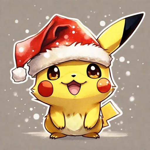 Prompt: A chibi Pikachu wearing a Santa hat, dark yellow and light yellow molted fur with a lemon mane that stretches from head to tail and pointy sharp legs, enormous happy eyes, this creature is festive and cheerful, festive splash background, Masterpiece, Best Quality, in watercolor painting art style