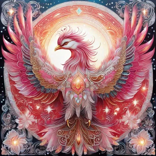 Prompt: a fantasy translucent phoenix in white and pink and red and gold that is glowing, wearing jingle bells, bioluminescent, beneath the stars, waning moon setting, in the winter, aztec art style, highly detailed, intricate 