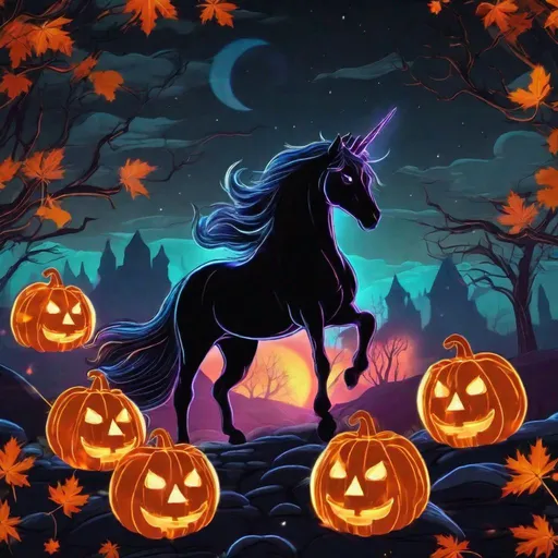 Prompt: Spooky bioluminescent shadow unicorn in Halloween colors that is glowing, surrounded by flaming jack-o'-lanterns, sunset, evil aura, hand drawn, best quality, masterpiece, highres, uhd