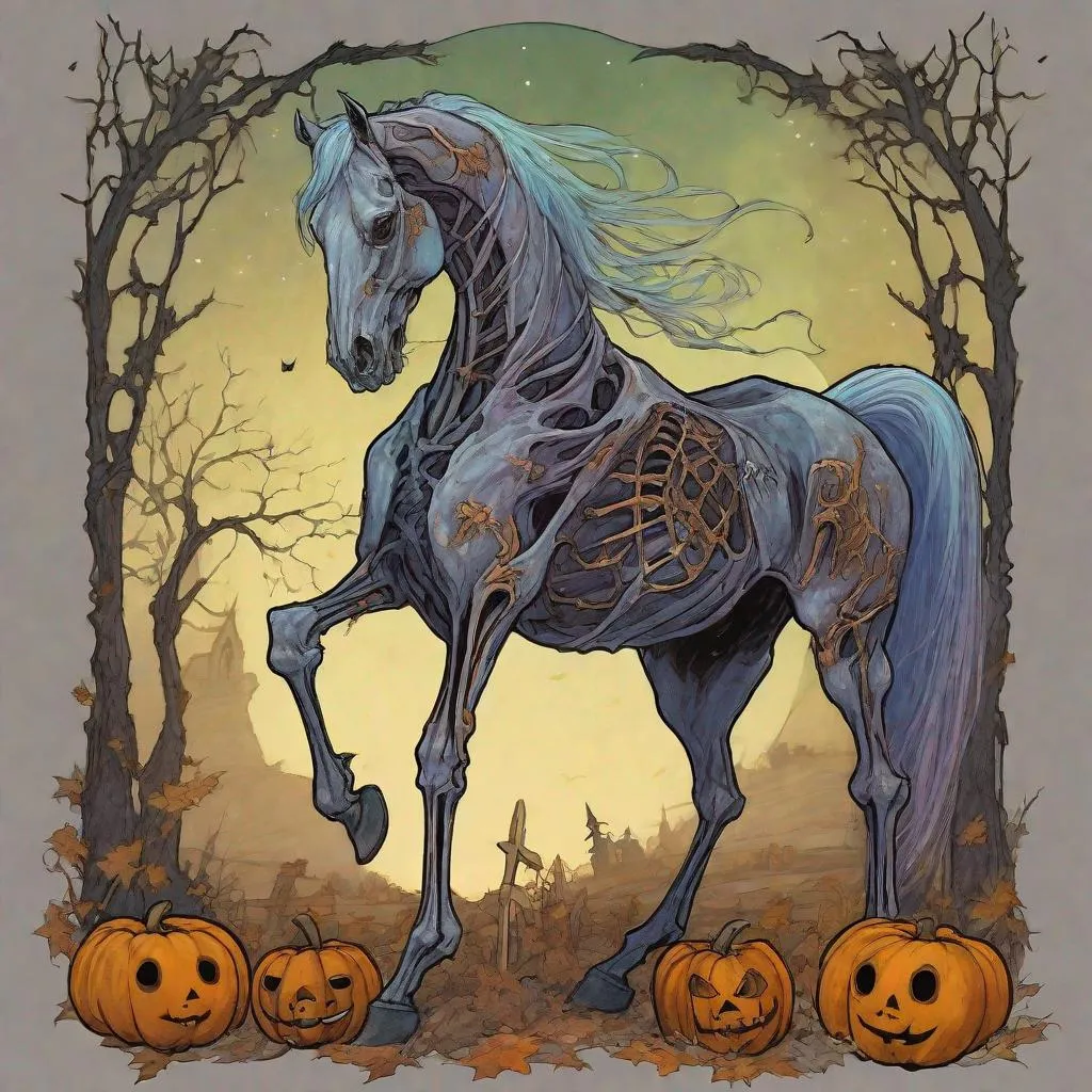 Prompt: A skeletal horse standing on its back legs, Halloween colors, twilight graveyard background, masterpiece, hand drawn, concept art, art by Rebecca Guay 