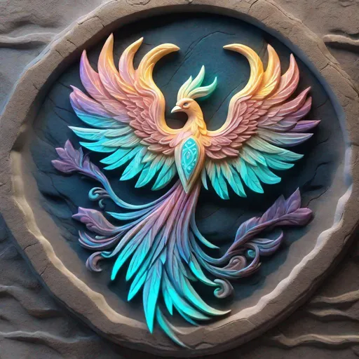 Prompt: A mythical bioluminescent pastel phoenix carved into a stone tablet, masterpiece, best quality, uhd, concept art