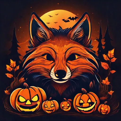Prompt: Spooky bioluminescent shadow fox in Halloween colors that is glowing, surrounded by flaming jack-o'-lanterns, sunset, evil aura, hand drawn, best quality, masterpiece, highres, uhd
