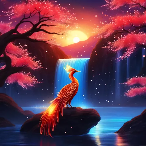 Prompt: an elegant water phoenix that is glowing, next to a waterfall, glistening flowing flaming feathers, glowing red eyes, translucent, luminescent, illusion, raining, cherry blossoms, lava plumes, sunset, beneath the stars,  bioluminescent, highres, best quality, concept art, digital art, 64k, highly detailed, vibrant, professional, UHD