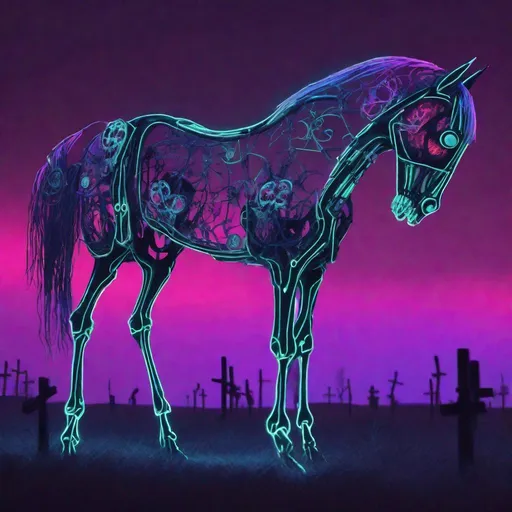 Prompt: A neon skeletal horse made of human faces, twilight graveyard background, masterpiece, digital art, concept art