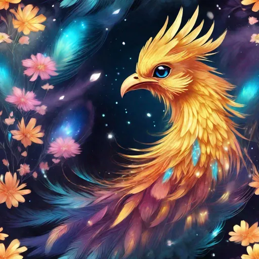 Prompt: Nebula, glitter, beneath the stars, flowers, bioluminescent, translucent, colorful, glowing,

A fluffy baby phoenix, with long fluffy feathers, a feathered sulfur crest, and long flowing tail, no visible feet or claws,

highres, best quality, concept art, hand drawn