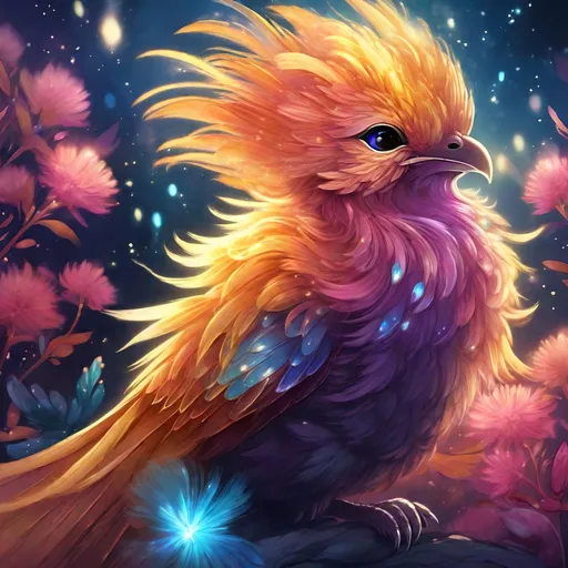 Prompt: Nebula, glitter, beneath the stars, flowers, bioluminescent, translucent, colorful,

A fluffy baby phoenix that is glowing, with long fluffy feathers, a feathered sulfur crest, and long flowing tail, no visible feet or claws,

highres, best quality, concept art, hand drawn