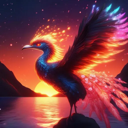 Prompt: headshot of a majestic water phoenix that is glowing, glistening flowing flaming feathers, glowing red eyes, translucent, luminescent, illusion, cherry blossoms, lava plumes, sunset, beneath the stars,  bioluminescent, highres, best quality, concept art, digital art, 8k, highly detailed, vibrant, professional, UHD