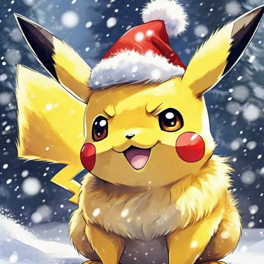 Prompt: Pikachu wearing a Santa hat, dark yellow and light yellow molted fur with a lemon mane that stretches from head to tail and pointy sharp legs, this creature is festive and cheerful, soft snow festive background, Masterpiece, Best Quality, in watercolor painting art style