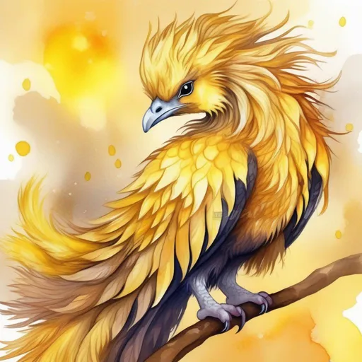 Prompt: fluffy phoenix, dark yellow and light yellow molted fur with a lemon mane that stretches from head to tail and pointy sharp legs, this creature is adorable and cheerful, splotchy electrifying background, Masterpiece, Best Quality, in watercolor painting art style