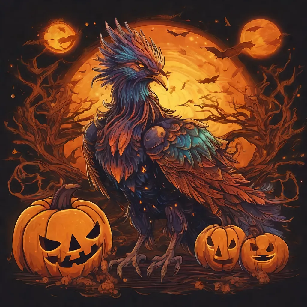 Prompt: Spooky bioluminescent phoenix in Halloween colors that is glowing, surrounded by jack-o'-lanterns, sunset, evil aura, hand drawn, best quality, masterpiece, highres, uhd