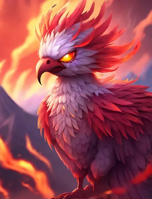 Prompt: A KAWAII FLUFFY FIRE PHOENIX WITH GIANT RED EYES, VOLCANO BACKGROUND, PORTRAIT, MASTERPIECE, BEST QUALITY, UHD, DIGITAL ART