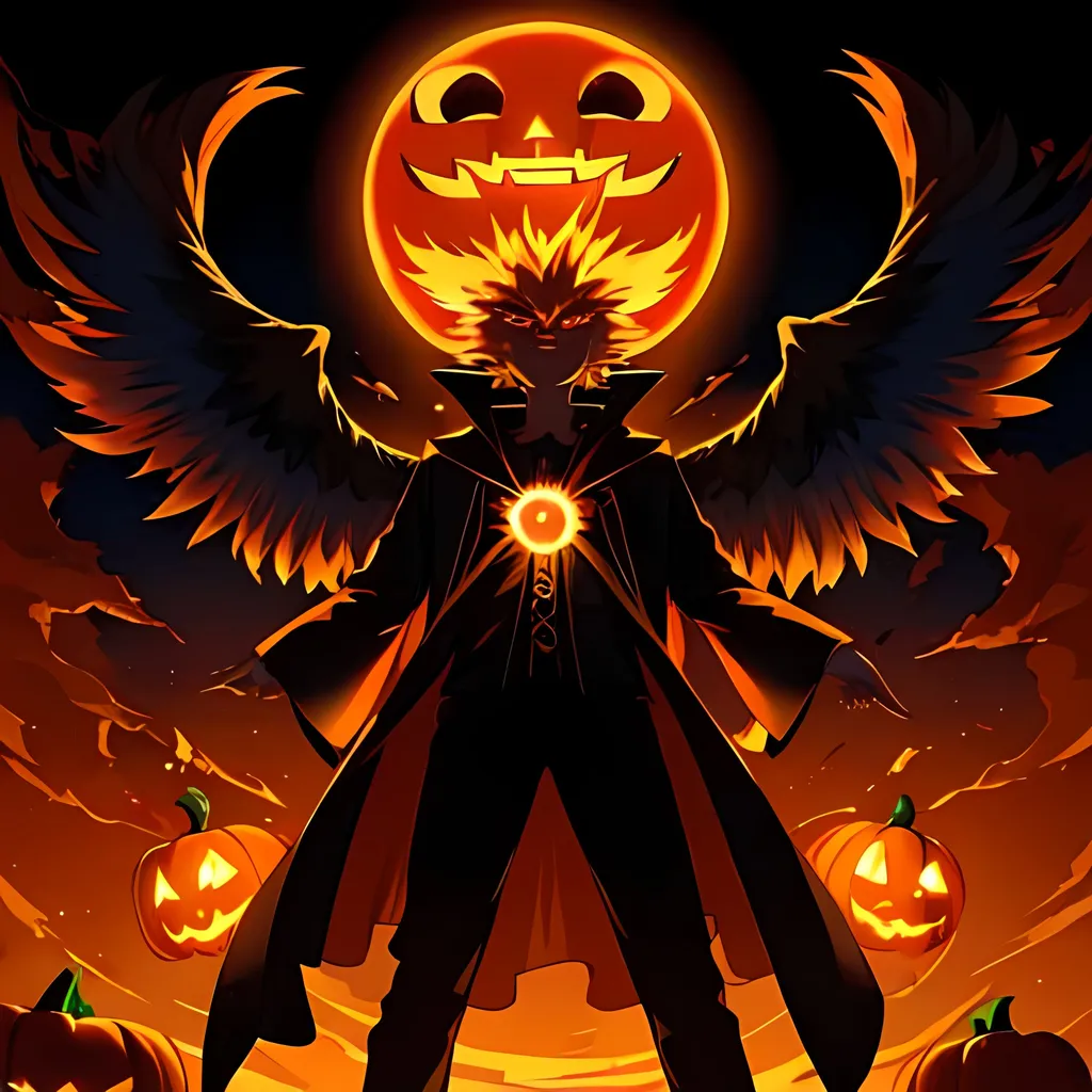 Prompt: Spooky bioluminescent phoenix in Halloween colors that is glowing, surrounded by jack-o'-lanterns, sunset, evil aura, hand drawn, best quality, masterpiece, highres, uhd