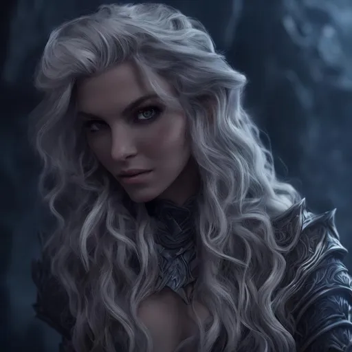 Prompt: d&d character portrait wavy white hair, muted background, cinematic lighting, sharp focus, studio photo, style of dark elf, rogue, priestess, beautiful, gorgeous woman