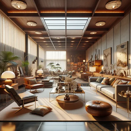 Prompt: mid-century modern living room with celestory windows
