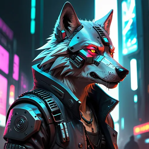 Prompt: a cyberpunk warrior wolf 