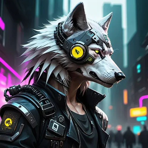 Prompt: a cyberpunk warrior wolf 