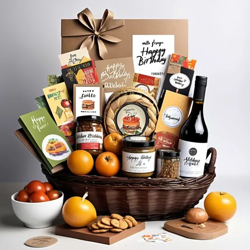 Prompt: Gourmet Food Basket from Around the World and with birthday card saying happy birthday leah DIY Fashion Design Kit make it super realistic with realistic graphics
 
