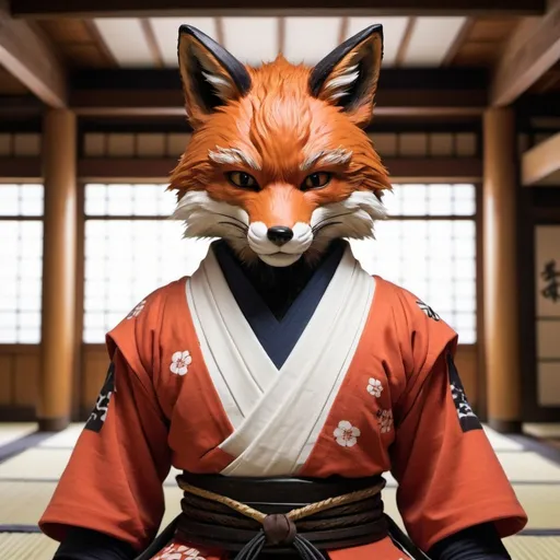 Prompt: Fox dressed as an ultra realistic samurai in a dojo