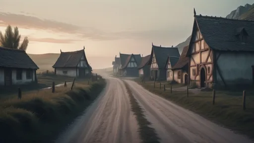 Prompt: cinematic medieval D&D fantasy environment, dirt road leading into small fantasy town at dawn,
soft diffused daylight, muted color palette,
realistic textures, subtle film grain,
prestige fantasy television aesthetic,
no people