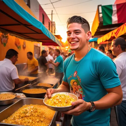 Prompt: James Rodríguez enjoying esquites, vibrant street scene in Mexico, colorful food stall background, bustling atmosphere filled with people and traditional decor, warm tones of sunset illuminating the scene, expression of satisfaction on his face, ultra-detailed, high quality, dynamic setting, capturing the essence of Mexican street food culture, authenticity and joy.