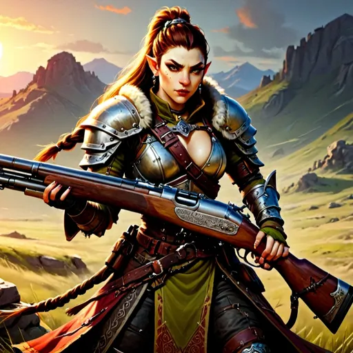 Prompt: (fantasy character art), (illustration), (Female Orc Mongol character), long braided hair, gripping a flintlock rifle, detailed metal lamellar armor shining under a glorious sunset, vibrant warm color scheme with golden hues, picturesque grasslands with gentle rolling hills, dramatic shadows cast by low sunlight, high-quality details emphasizing character expression, intricate patterns in armor, ultra-detailed background.