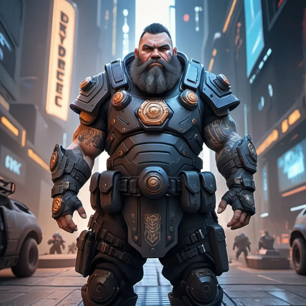 Prompt: (Anime cyberpunk style), (dwarf character), ornamental tattoos, dwarf security officer, wearing armored vest, with cybernetics, (high-tech armorer APC) in the background, dynamic lighting, futuristic cityscape background, detailed features, expressive demeanor, cutting-edge design elements, 4K resolution, ultra-detailed rendering, atmospherically rich, immersive vibe, gritty yet colorful.