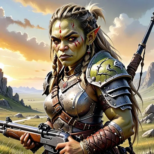 Prompt: (fantasy character art), (illustration), (Female Orc Mongol character), long braided hair, gripping a lever action rifle, intricate metal lamellar armor gleaming, depicted in enchanting picturesque grasslands, under a (dramatic) golden sunset casting vibrant hues, lush green tones interspersed, showcasing the harmonious blend of fantasy and warrior essence, ultra-detailed, captivating atmosphere, high-quality visualization.