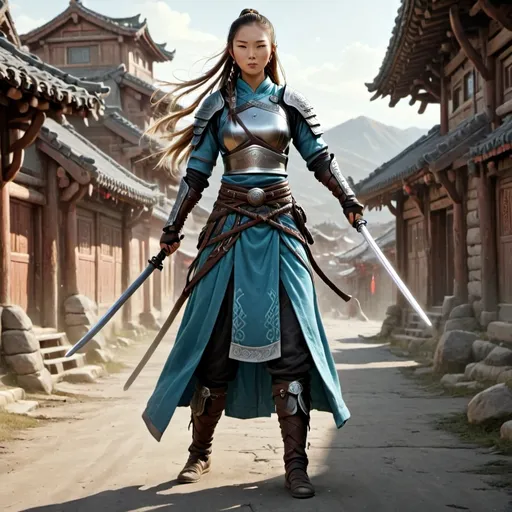 Prompt: Female Mongol character, wielding twin sabers, set against a (mongol village) backdrop, detailed lamellar armor with a helmet, (fantasy style) illustration, (Neutral color scheme), (dynamic) composition showcasing a formidable presence, long braided hair flowing, intricately designed armor glinting in sunlight, captivating atmosphere with hints of adventure in the air, (4K) ultra-detailed artwork.