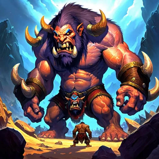 Prompt: (Concept art) of a colossal troll, large head, exaggerated tusked face, looming menacingly over two men in front, appearing crushed, (Game-RPG fantasy style), dynamic action scene, rich detail, (Warcraft inspired), dramatic shadows, epic atmosphere, (highly detailed), vibrant colors, immersive background with fantasy elements, captivating characters, (ultra-detailed).