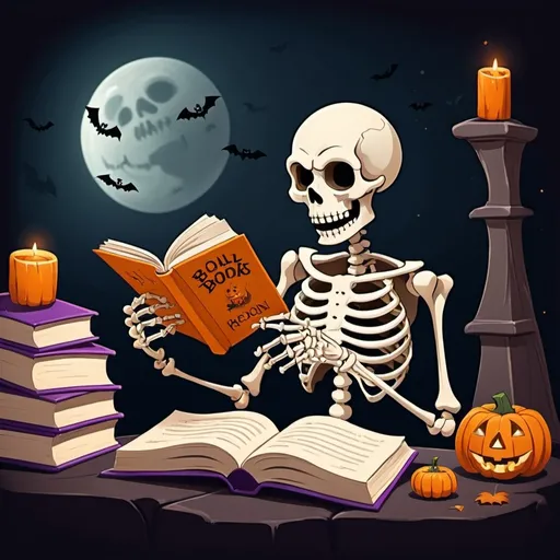 Prompt: Cartoon style Skeleton reading books Halloween 