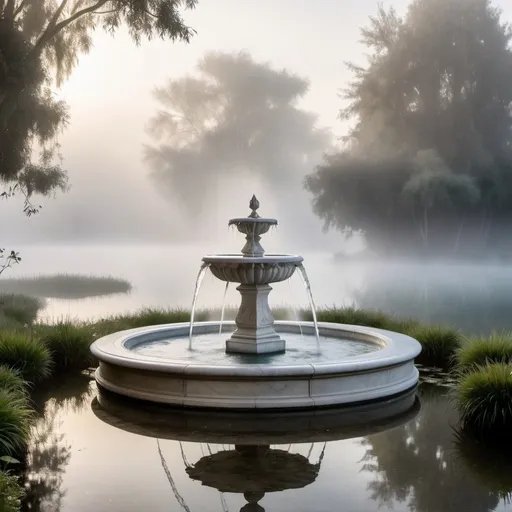 Prompt: A marble water fountain in the middle of a misty pond, dream-like