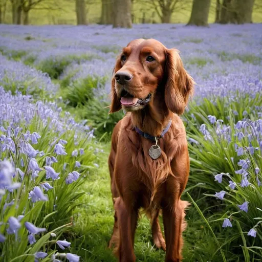 Prompt: An Irish setter is in a field full of bluebells
