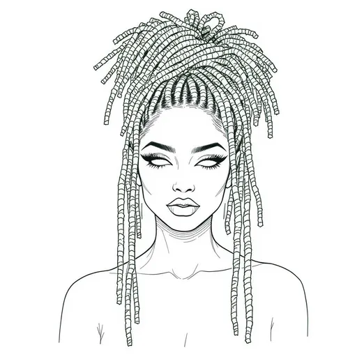 Prompt: Continuous groovy and funky and abstract line art drawing (no broken lines or edges) of a lady with long locs styled into a messy updo. With hollow/white eyes