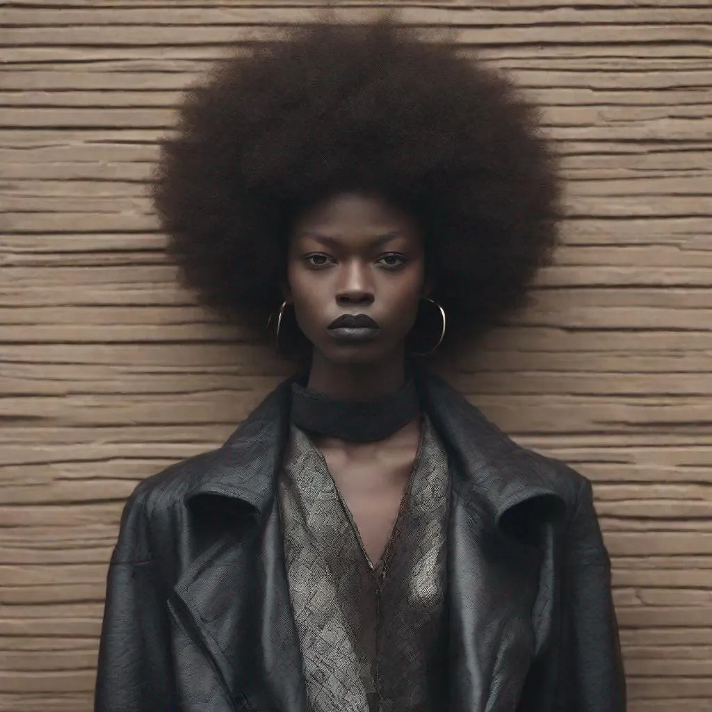 Prompt: A androgenous (((black person))) with striking features paired with a luxuriously long textured afro hair