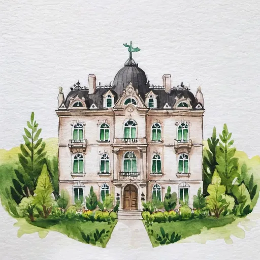 Prompt: A sprawling (((six-story mansion))) with intricate details and ornate architecture, standing proudly in a (vibrant, green landscape)