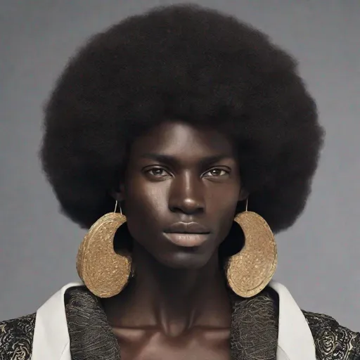 Prompt: A androgenous (((black person))) with striking features paired with a luxuriously long textured afro hair