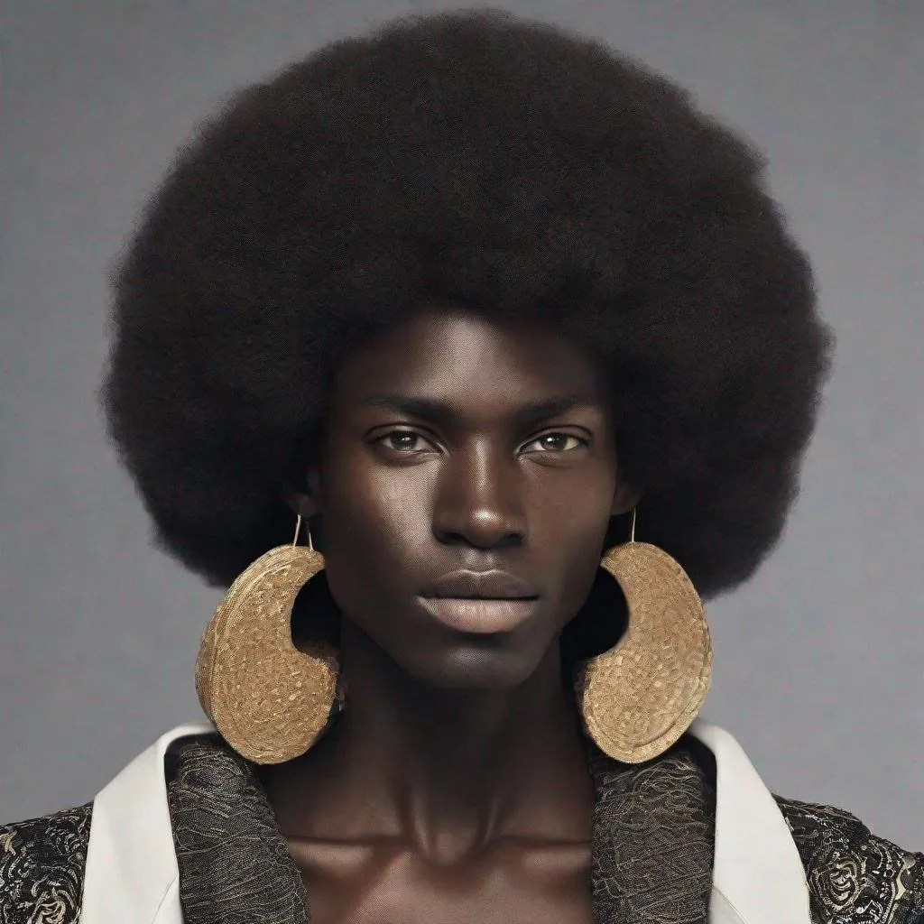 Prompt: A androgenous (((black person))) with striking features paired with a luxuriously long textured afro hair