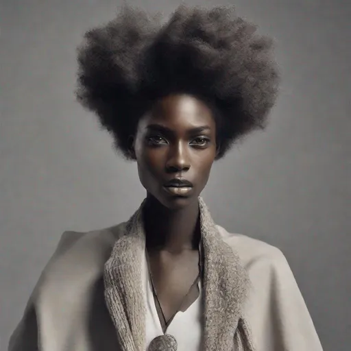 Prompt: A androgenous (((black person))) with striking features paired with luxuriously long textured afro hair