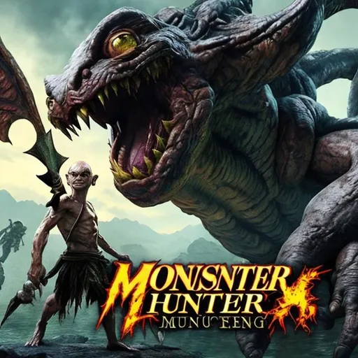 Prompt: Gollum hunting monsters, New Monster Hunter Game box art