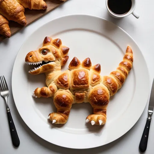 Prompt: Create a dinossaur made of croissant. It should be seating on a plate on a dinner table 