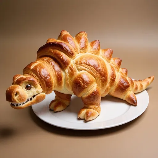 Prompt: Create a dinossaur made of croissant. It should be seating on a plate on a dinner table 