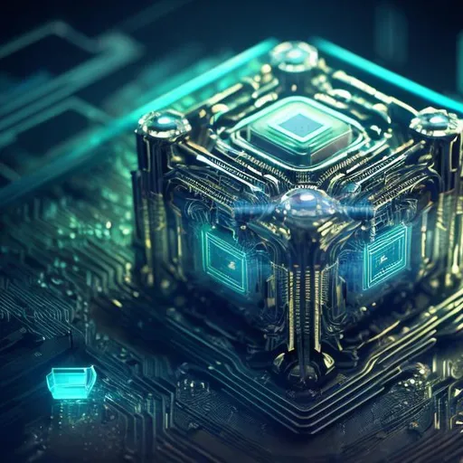 Prompt: High-tech illustration of a futuristic car engine, quantum computer, bitcoin chip, and tesseract cube, metallic materials, glowing circuitry, cyberpunk style, cool tones, intricate details, quantum computing, futuristic, highres, ultra-detailed, cyberpunk, metallic, glowing circuitry, advanced technology, intricate design, professional, atmospheric lighting

