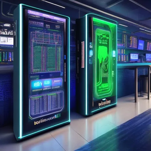 Prompt: Bitcoin mining vending machine, stock market patterns, IQ option software, futuristic neon-lit setting, cutting-edge technology, high-tech equipment, sleek and modern design, intense blue and green color tones, professional 3D rendering, dynamic lighting, highres, ultra-detailed, futuristic, cryptocurrency, stock market, cutting-edge technology, neon-lit, sleek design, professional, dynamic lighting