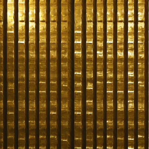 Prompt: Bulk of gold bars, shiny metallic texture, stacked in a secure vault, high quality, realistic, detailed, luxurious, golden tones, dramatic lighting