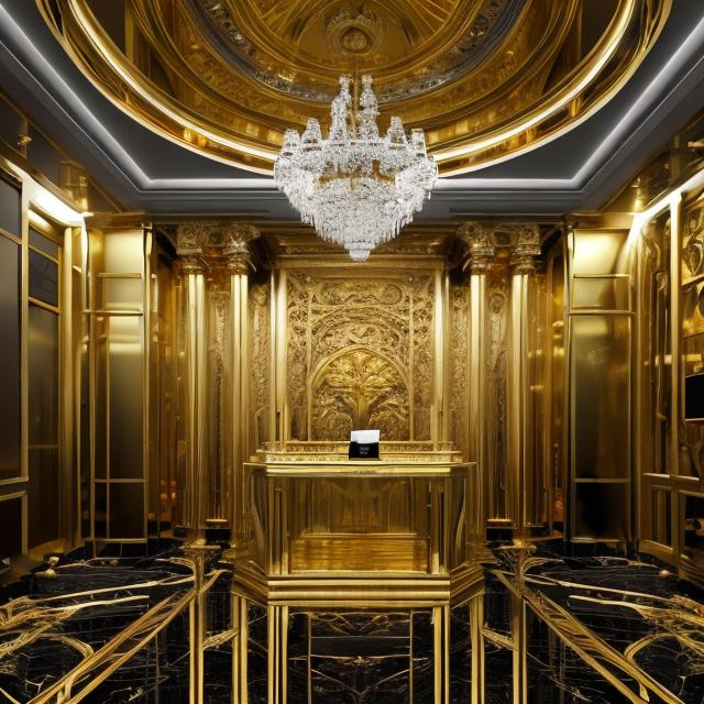 Prompt: Gold vault in a luxurious bank, stacks of cash, golden sheen, opulent interior, high security, detailed gold bars, gleaming reflections, realistic 3D rendering, high-res, luxury, detailed interior, professional lighting, rich textures, security cameras, impressive architecture
