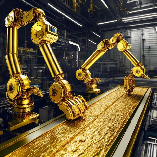 Prompt: Robotic arms creating gold bars and jewelry in a futuristic gold factory, gleaming metallic surfaces, precision engineering, high-tech production line, futuristic, industrial, luxury, high quality, gold tones, ambient lighting